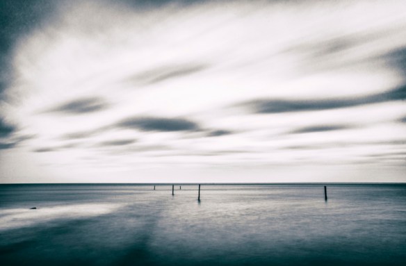 Old posts standing resolutely strong against the wind and tide under a silver sky.